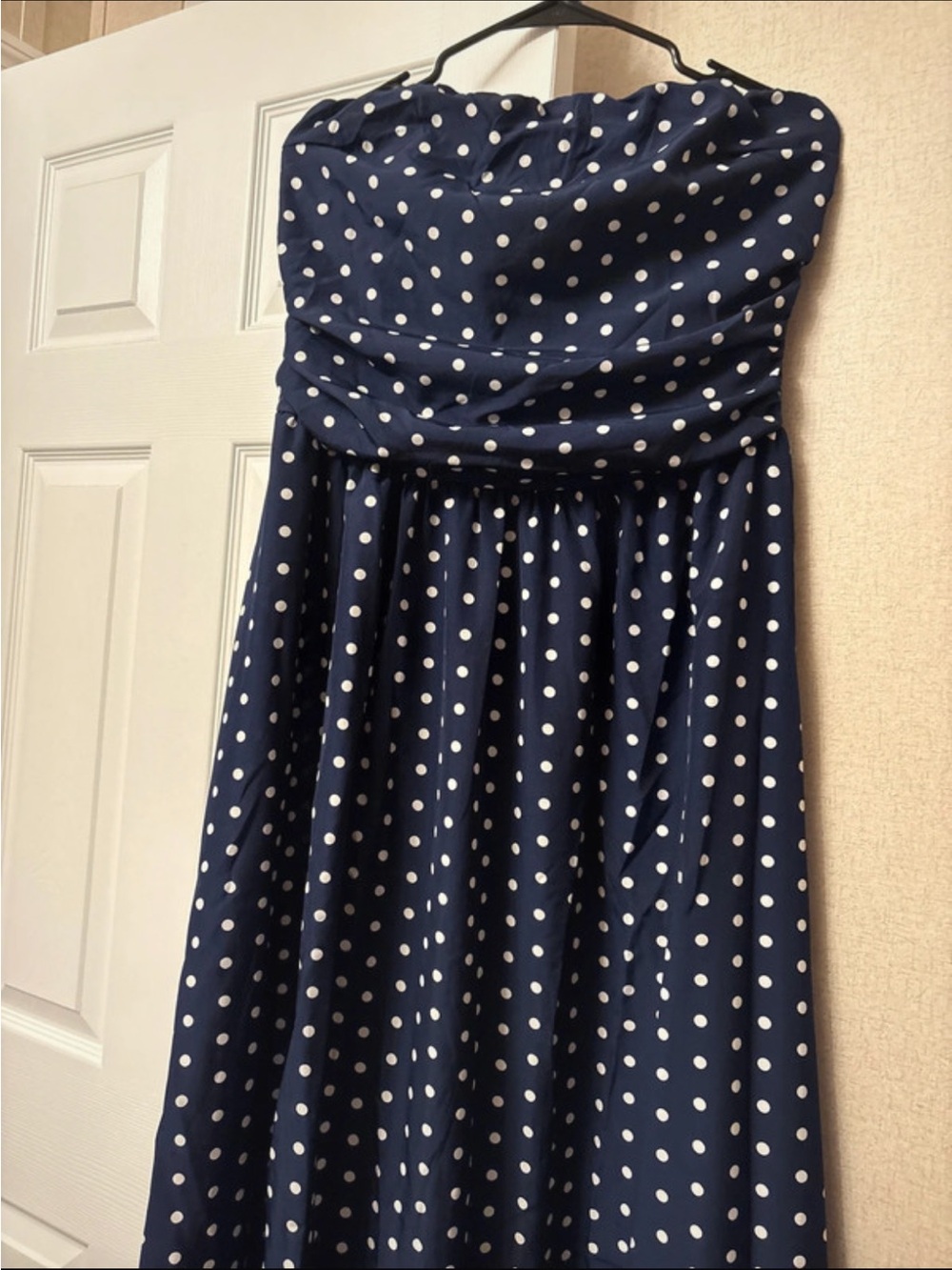 Strapless Navy Polka Dot Midi Dress